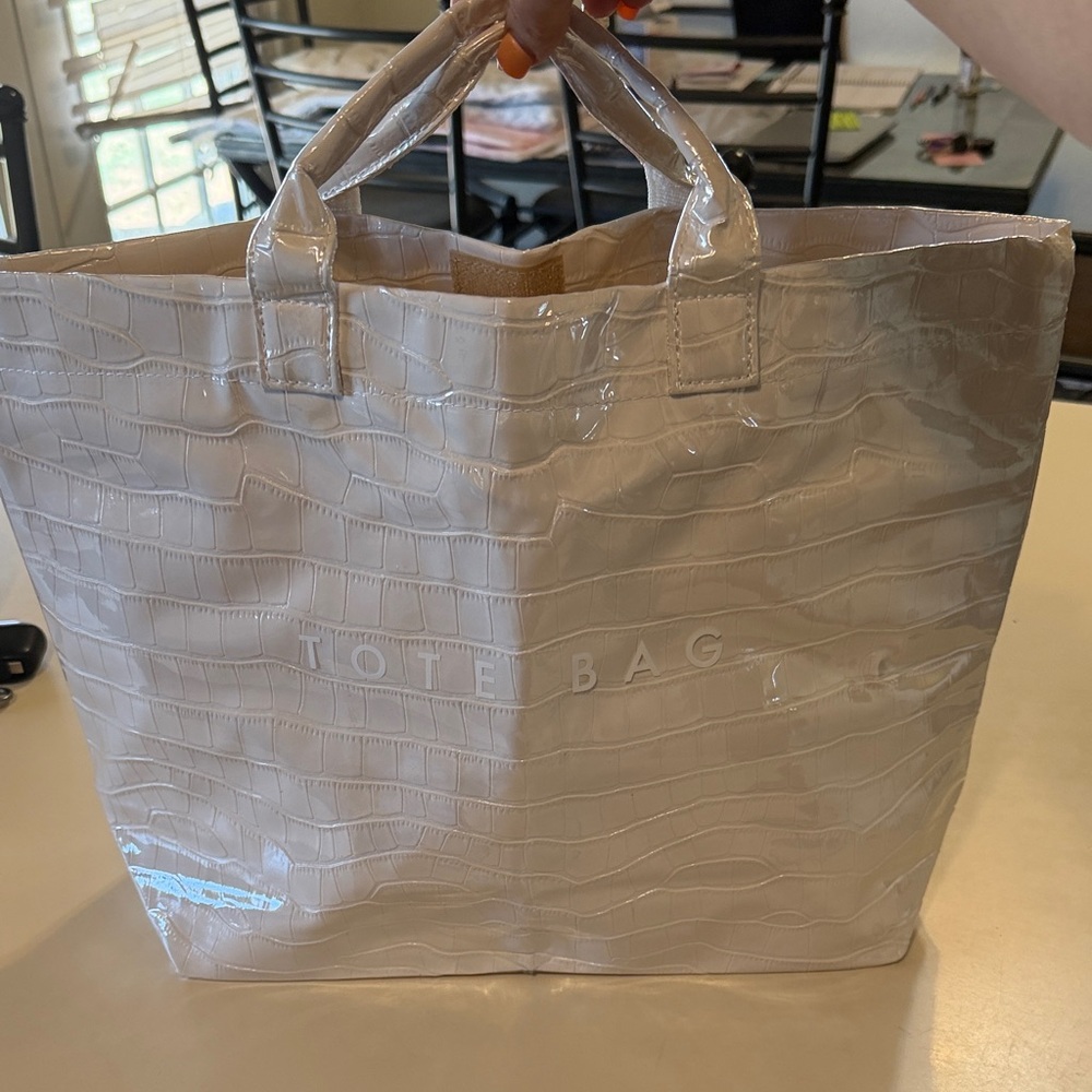Textured Cream Croc-Embossed Tote Bag - 'TOTE BAG' Embossed